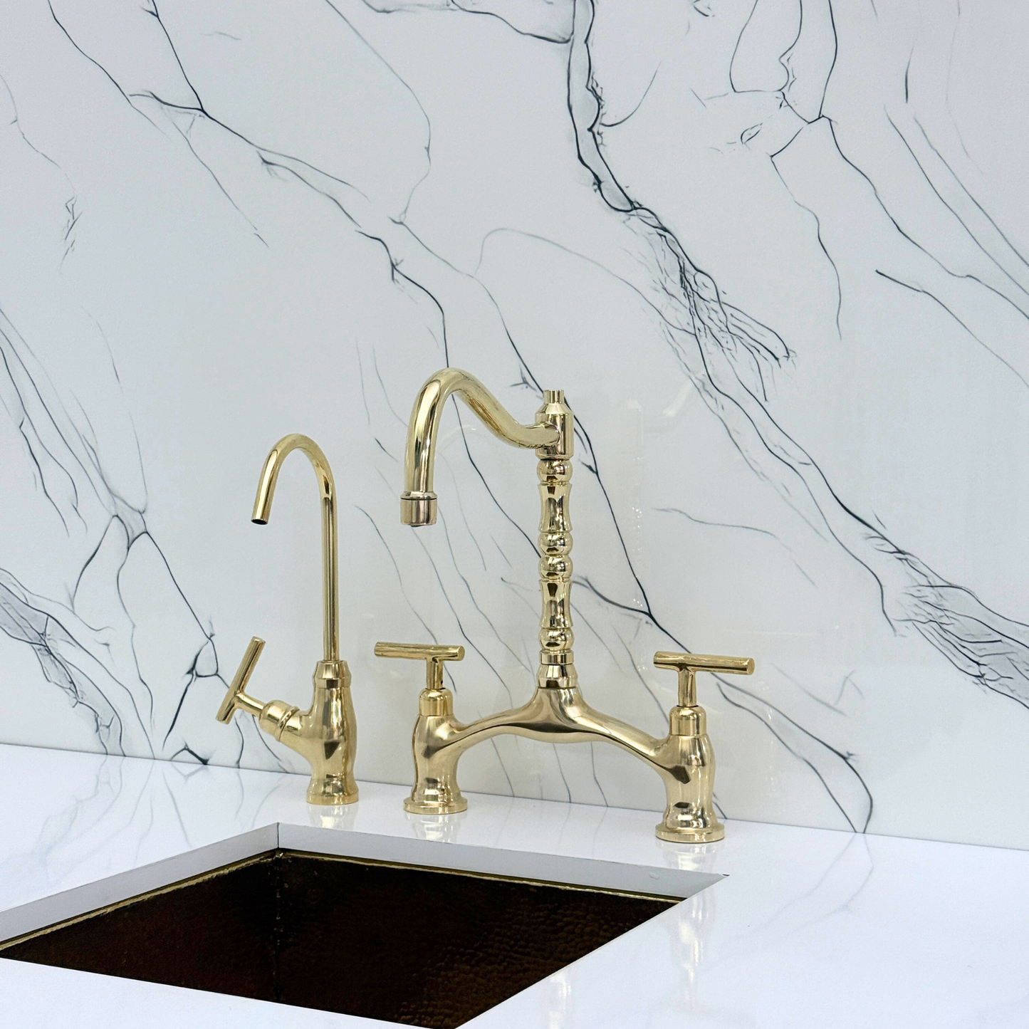 Unlacquered Brass Victorian Bridge Kitchen Faucet with Sprayer, Drinking Water Tap and Lever Handles
