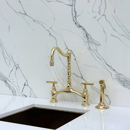 Unlacquered Brass Victorian Bridge Kitchen Faucet with Sprayer, Drinking Water Tap and Lever Handles