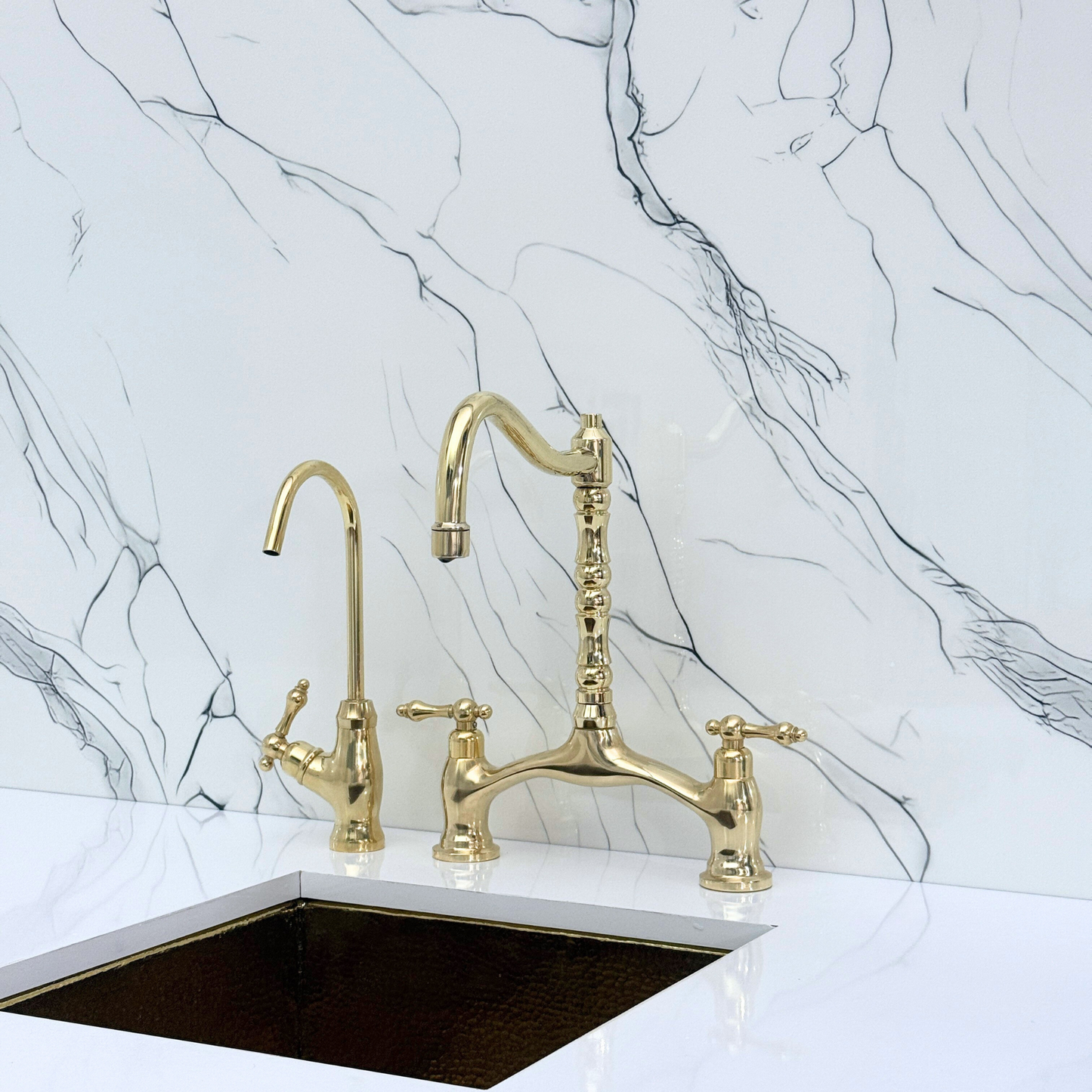 Unlacquered Brass Victorian Bridge Kitchen Faucet with Sprayer, Drinking Water Tap and Lever Handles