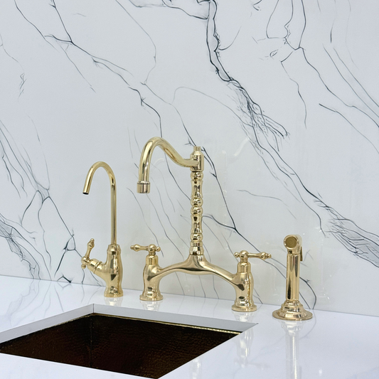 Unlacquered Brass Victorian Bridge Kitchen Faucet with Sprayer, Drinking Water Tap and Lever Handles