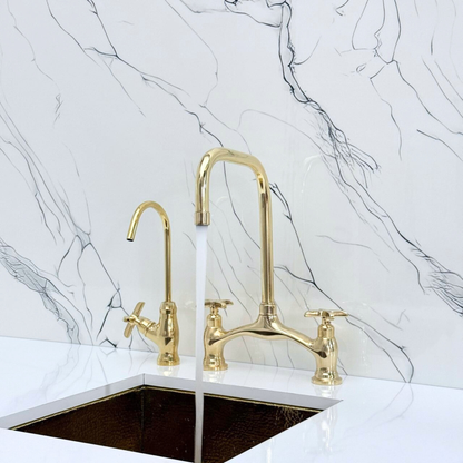 Unlacquered Brass Vintage Bridge Kitchen Faucet with Sprayer, Drinking Water Tap and Cross Handles
