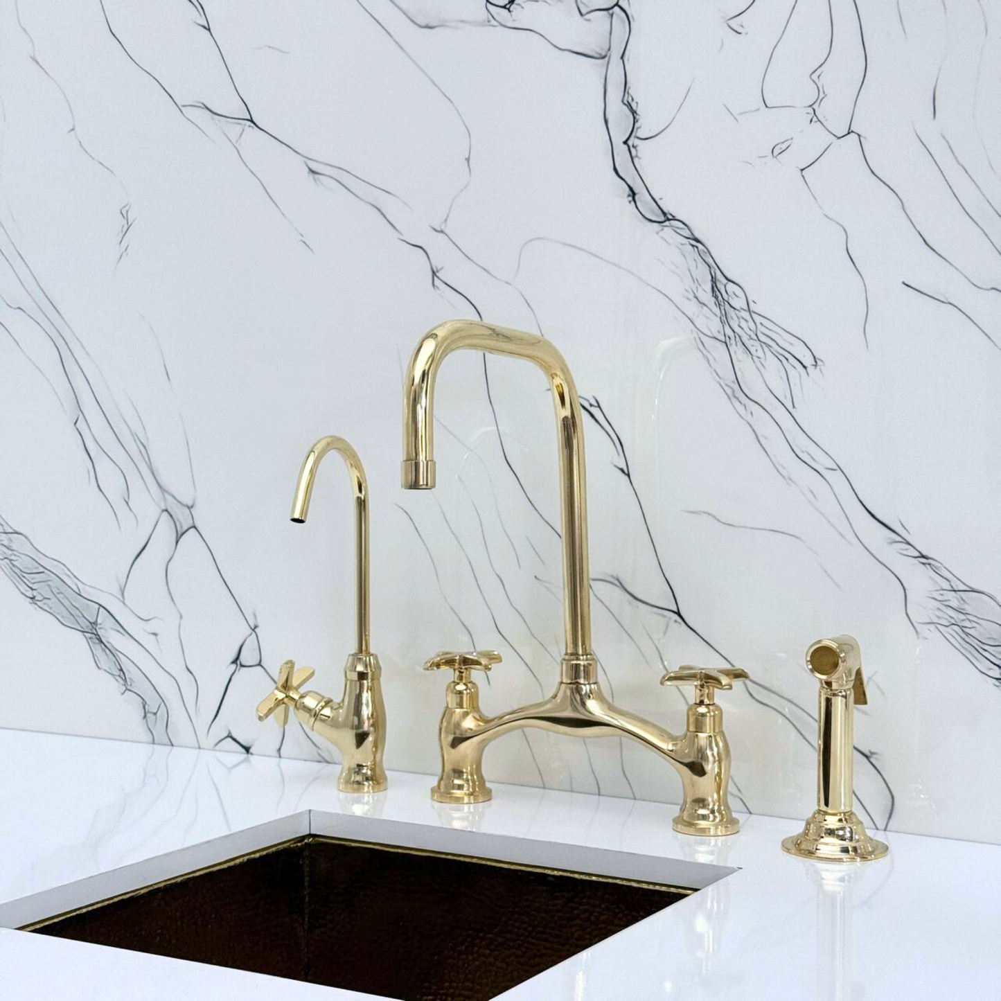 Unlacquered Brass Vintage Bridge Kitchen Faucet with Sprayer, Drinking Water Tap and Cross Handles