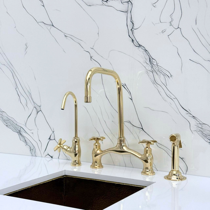 Unlacquered Brass Vintage Bridge Kitchen Faucet with Sprayer, Drinking Water Tap and Cross Handles