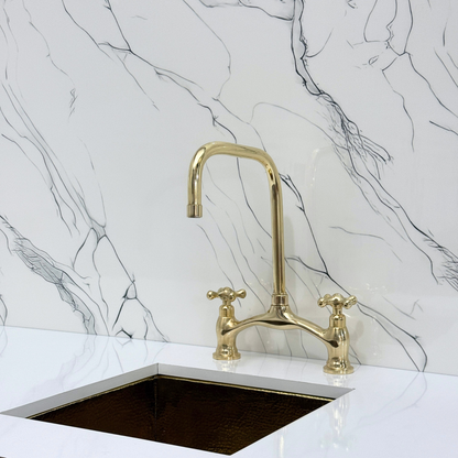 Unlacquered Brass Vintage Bridge Kitchen Faucet with Sprayer, Drinking Water Tap and Cross Handles
