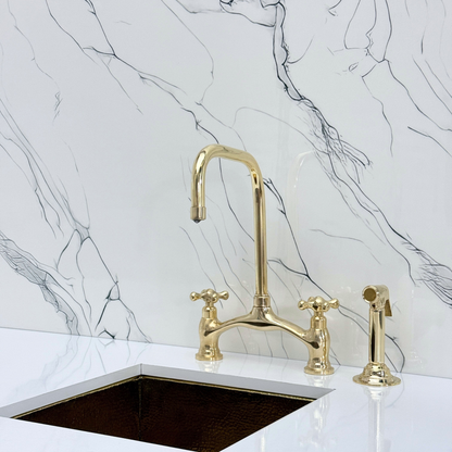Unlacquered Brass Vintage Bridge Kitchen Faucet with Sprayer, Drinking Water Tap and Cross Handles