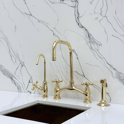 Unlacquered Brass Vintage Bridge Kitchen Faucet with Sprayer, Drinking Water Tap and Cross Handles
