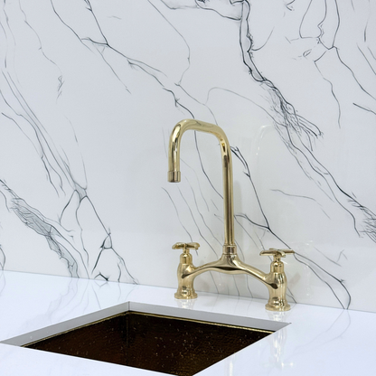 Unlacquered Brass Vintage Bridge Kitchen Faucet with Sprayer, Drinking Water Tap and Cross Handles
