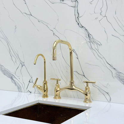 Unlacquered Brass Vintage Bridge Kitchen Faucet with Sprayer, Drinking Water Tap and Lever Handles