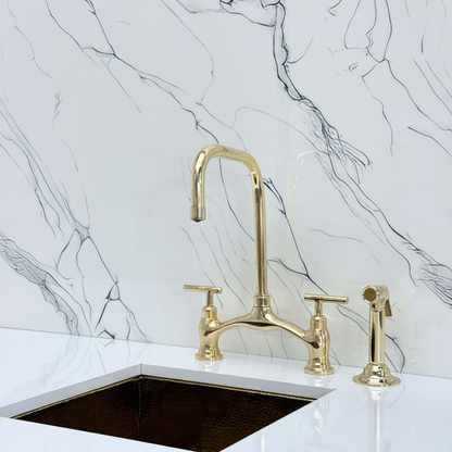 Unlacquered Brass Vintage Bridge Kitchen Faucet with Sprayer, Drinking Water Tap and Lever Handles