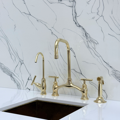 Unlacquered Brass Vintage Bridge Kitchen Faucet with Sprayer, Drinking Water Tap and Lever Handles
