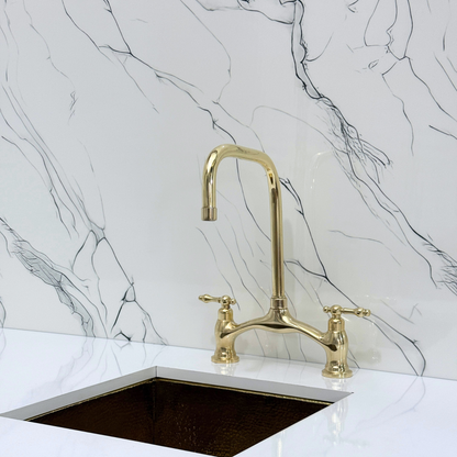 Unlacquered Brass Vintage Bridge Kitchen Faucet with Sprayer, Drinking Water Tap and Lever Handles