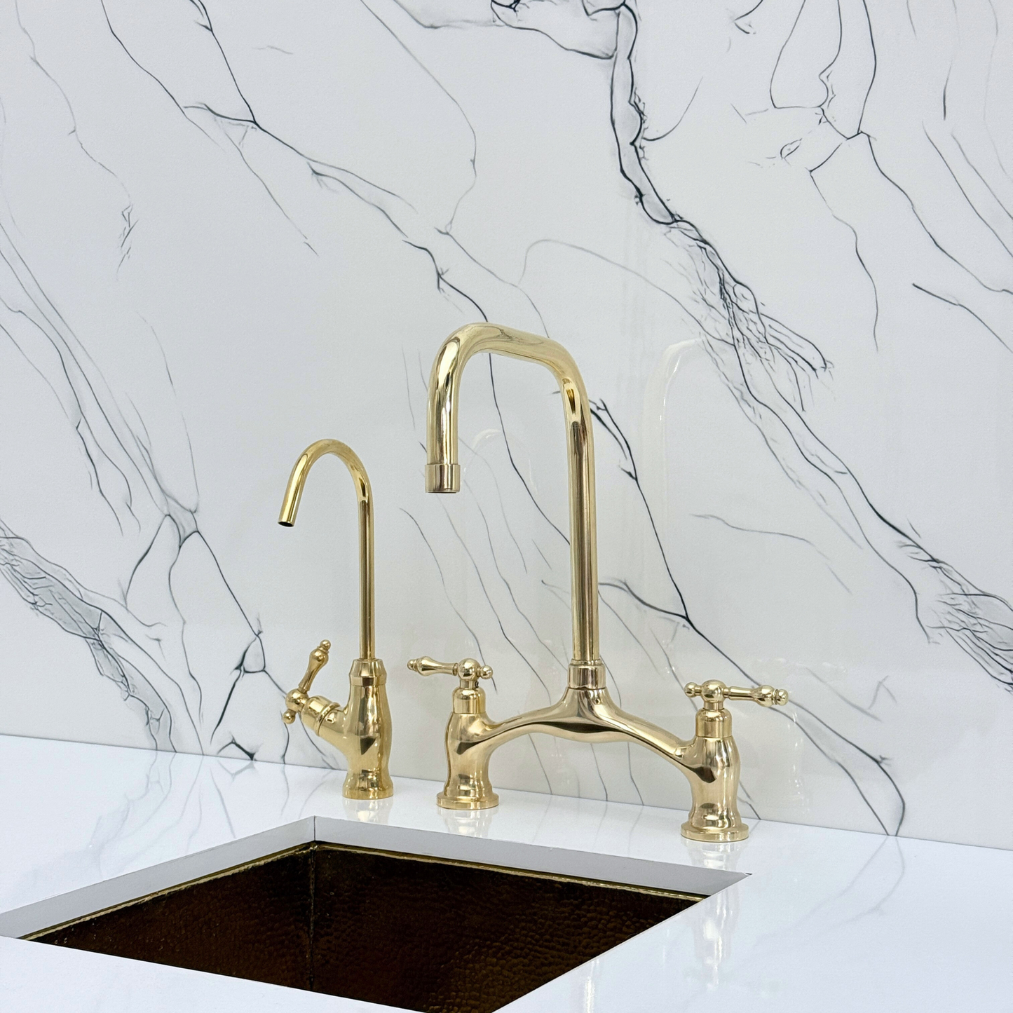Unlacquered Brass Vintage Bridge Kitchen Faucet with Sprayer, Drinking Water Tap and Lever Handles
