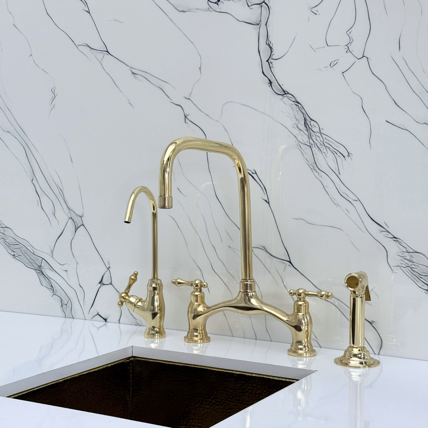 Unlacquered Brass Vintage Bridge Kitchen Faucet with Sprayer, Drinking Water Tap and Lever Handles